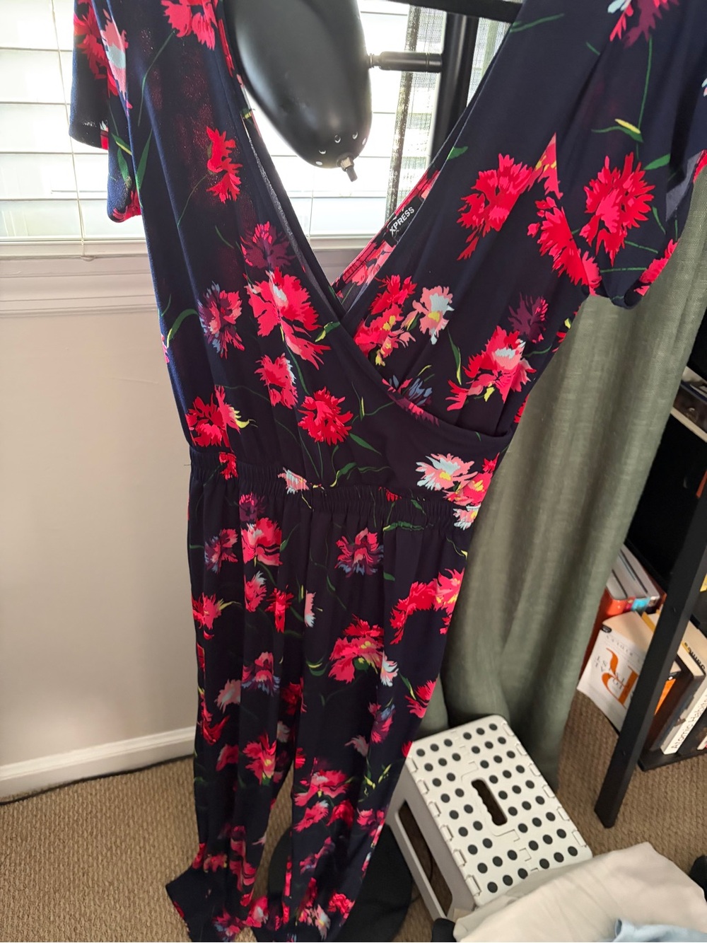 Express Navy Floral Wrap Jumpsuit with Pink & Red Flowers
